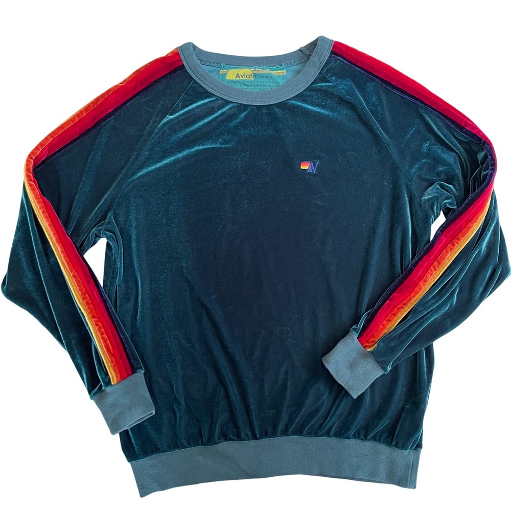 Aviator Nation Relaxed Velvet 5 Stripe Rainbow Sweatshirt Women XL Green $230 - Picture 2 of 13